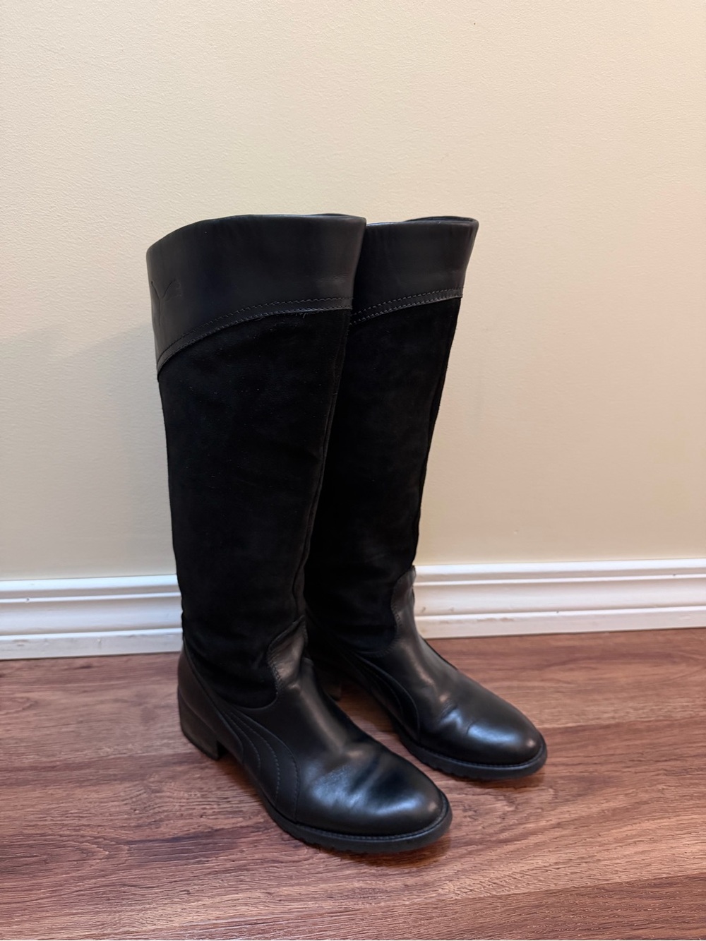 Puma Black Leather and Suede Over-The-Knee Boots